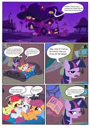 Size: 1280x1820 | Tagged: safe, artist:barberchair, derpibooru import, apple bloom, pinkie pie, scootaloo, sweetie belle, twilight sparkle, twilight sparkle (alicorn), alicorn, earth pony, pegasus, pony, unicorn, comic:the practical pony, bed, bedtime story, book, clock, cutie mark crusaders, floating, golden oaks library, library, night, story