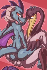 Size: 1000x1500 | Tagged: explicit, artist:bassywolfeh, derpibooru import, princess ember, anthro, bird, dragon, balls, breasts, butt, crane (animal), crossover, dragoness, female, grin, kung fu panda, looking at you, male, male nipples, master crane, nipples, nudity, penetration, red eyes, sex, sitting on lap, small breasts, smiling, straight, vaginal, wings, yellow eyes