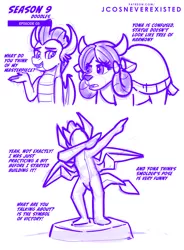 Size: 755x1024 | Tagged: artist:jcosneverexisted, dab, derpibooru import, dialogue, dragon, evil, female, safe, season 9 doodles, smolder, stone, text, uprooted, yak, yona