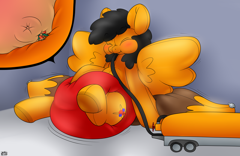 Size: 3432x2238 | Tagged: artist:the-furry-railfan, blowing, blushing, blushing ears, blushing profusely, derpibooru import, diaper, helium tank, inflatable, inflatable diaper, inflatable pony, inflated ears, inflated tail, inflated wings, inflation, macro, oc, oc:minty candy, oc:twintails, parade balloon, puffy cheeks, questionable, squishy, trailer, trapped, trapped in panties, unofficial characters only, wings