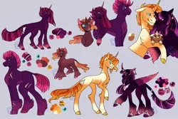 Size: 1280x854 | Tagged: safe, artist:gloxiiarts, derpibooru import, sunburst, tempest shadow, twilight sparkle, twilight sparkle (alicorn), oc, oc:comet, oc:stormlight, oc:sunset, alicorn, classical unicorn, pony, unicorn, alicorn oc, baby, baby pony, bisexual, bracelet, broken horn, cloven hooves, color palette, ear piercing, earring, family, female, glasses, height difference, horn, horn ring, jewelry, leonine tail, lesbian, male, mare, missing cutie mark, offspring, parent:sunburst, parent:tempest shadow, parent:twilight sparkle, parents:sunpestlight, peytral, piercing, polyamory, redesign, ring, scar, shipping, stallion, straight, sunpestlight, tail, tail ring, unicorn oc, unshorn fetlocks, wings