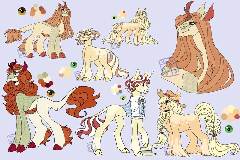 Size: 1280x854 | Tagged: safe, artist:gloxiiarts, derpibooru import, applejack, autumn blaze, flim, oc, oc:autumn orchard, oc:honeycrisp, oc:snap apple, classical unicorn, earth pony, kirin, pony, unicorn, applejack's hat, autumnjack, bisexual, blue background, braided tail, clothes, cloven hooves, color palette, cowboy hat, earth pony oc, family, female, flimblazejack, freckles, hat, horn, interspecies offspring, kirin hybrid, kirin oc, leonine tail, lesbian, male, mare, missing cutie mark, offspring, parent:applejack, parent:autumn blaze, parent:flim, parents:flimblazejack, polyamory, redesign, shipping, shirt, simple background, stallion, straight, unicorn oc, unshorn fetlocks, vest, watermark