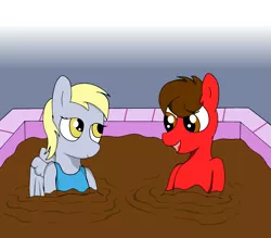 Size: 1371x1200 | Tagged: safe, artist:amateur-draw, derpibooru import, derpy hooves, oc, oc:gio the red horse, earth pony, pegasus, pony, bathing, clothes, female, looking at each other, male, mare, mud, mud bath, muddy, oc and canon, one-piece swimsuit, request, requested art, simple background, spa, stallion, swimsuit