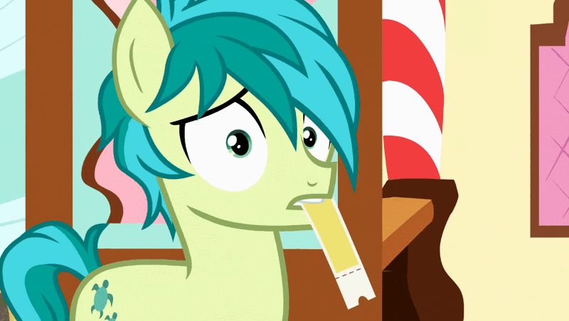 Size: 1297x733 | Tagged: safe, derpibooru import, screencap, sandbar, earth pony, pony, school daze, adorkable, animated, cute, dork, faic, floppy ears, gif, grin, guilty, looking at you, male, mouth hold, nervous, nervous grin, sandabetes, shocked, shocked expression, shrunken pupils, silly, silly pony, smiling, solo, ticket