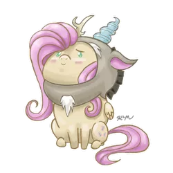 Size: 1280x1280 | Tagged: safe, artist:catscratchpaper, derpibooru import, part of a set, fluttershy, pegasus, pony, blushing, chibi, clothes, cosplay, costume, discord cosplay, dot eyes, female, floppy ears, folded wings, looking at you, mare, no pupils, outline, simple background, sitting, smiling, solo, three quarter view, transparent background, white outline, wings