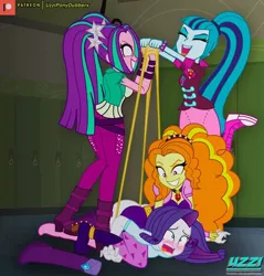 Size: 800x838 | Tagged: suggestive, alternate version, artist:uzzi-ponydubberx, derpibooru import, adagio dazzle, aria blaze, rarity, sonata dusk, equestria girls, rainbow rocks, abuse, ass, atomic wedgie, blushing, boots, bracelet, bully, bullying, butt, canterlot high, clothes, dazzling, evil, evil grin, eyes closed, female, females only, gem, grin, immobile, laughing, lockers, long hair, open mouth, pain, panties, patreon, patreon logo, pigtails, ponytail, raribuse, rearity, sadism, school, shoes, siren gem, smiling, socks, spiked wristband, stretching, teeth, the dazzlings, twintails, underwear, villainess, wedgie, wristband, yellow underwear