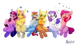 Size: 2500x1500 | Tagged: safe, artist:silentwulv, derpibooru import, applejack, fluttershy, pinkie pie, rainbow dash, rarity, twilight sparkle, twilight sparkle (alicorn), alicorn, earth pony, pegasus, pony, unicorn, belly button, book, chest fluff, eye clipping through hair, fabric, female, mane six, mare, open mouth, simple background, sitting, smiling, white background, wide hips