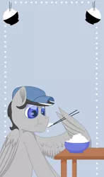 Size: 2000x3392 | Tagged: safe, artist:gblacksnow, derpibooru import, oc, oc:chopsticks, unofficial characters only, chopsticks, eating, food, hat, male, rice, simple background, solo, wing hands, wings