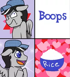 Size: 501x549 | Tagged: safe, artist:gblacksnow, derpibooru import, oc, oc:chopsticks, unofficial characters only, pegasus, angry, boop, floppy ears, food, hat, hotline bling, male, meme, open mouth, rice, solo, text