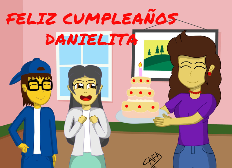 Size: 2000x1454 | Tagged: safe, artist:cafakero, derpibooru import, oc, oc:cafita, oc:danielita, oc:dany melody, oc:flower melody, human, food, happy birthday, humanized, pie