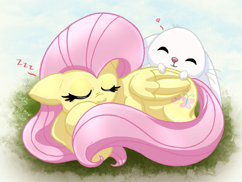 Size: 1200x900 | Tagged: safe, artist:joakaha, derpibooru import, angel bunny, fluttershy, pegasus, pony, rabbit, angelbetes, animal, cute, eyes closed, female, floppy ears, heart, male, mare, shyabetes, sleeping, weapons-grade cute