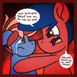 Size: 1200x1200 | Tagged: safe, artist:thebadbadger, derpibooru import, oc, oc:hot pop, oc:phire demon, unofficial characters only, earth pony, pony, abuse, angry, crying, earth pony oc, floppy ears, male, open mouth, stallion