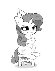 Size: 2920x3780 | Tagged: safe, artist:tjpones, derpibooru import, rarity, pony, unicorn, crossed hooves, cuckquean, dunce hat, female, grayscale, grumpy, hat, mare, monochrome, rarity is not amused, simple background, sitting, solo, stool, unamused, white background