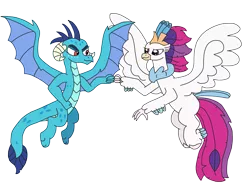 Size: 3264x2448 | Tagged: safe, artist:supahdonarudo, derpibooru import, princess ember, queen novo, classical hippogriff, dragon, hippogriff, my little pony: the movie, dragoness, female, fist bump, flying, simple background, transparent background