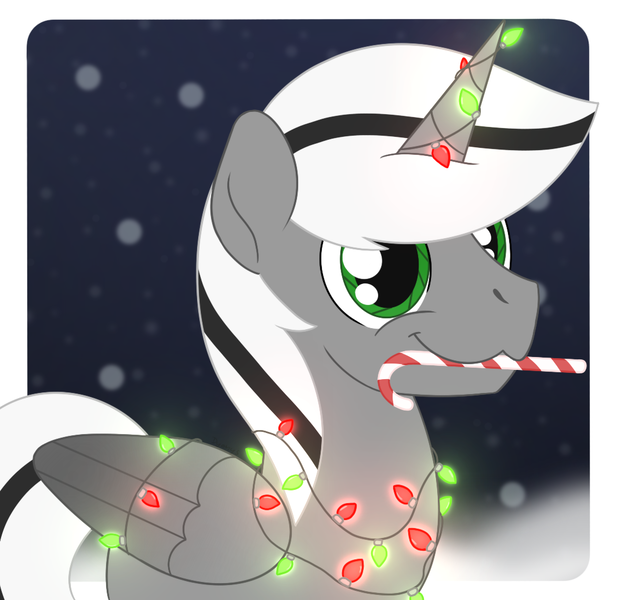 Size: 1076x1035 | Tagged: safe, artist:dyonys, derpibooru import, oc, oc:kafros, alicorn, pony, robot, :3, candy, candy cane, christmas, christmas lights, fairy lights, food, holiday, male, solo, stallion