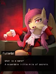 Size: 1490x1979 | Tagged: safe, artist:alicetriestodraw, derpibooru import, fluttershy, bat pony, pony, vampire, bat ponified, castlevania, clothes, coat, commission, crossover, dracula, flutterbat, glass, illustration, quote, race swap, sitting, solo, throne, what is a man, wine glass