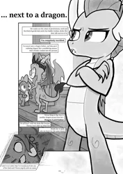 Size: 1280x1813 | Tagged: artist:johnerose126, changedling, changeling, comic, derpibooru import, disguise, disguised changedling, disguised changeling, dragon, dragoness, dragon ocellus, fanfic art, fanfic:does she know, female, grayscale, male, monochrome, ocellus, princess ember, safe, smolder, smolder is not amused, spike, unamused