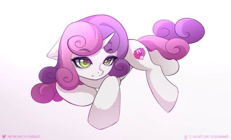 Size: 2427x1475 | Tagged: safe, artist:tatar.sauce, derpibooru import, sweetie belle, pony, unicorn, cute, cutie mark, female, filly, floppy ears, simple background, solo, the cmc's cutie marks