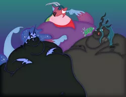 Size: 1244x960 | Tagged: suggestive, artist:jacalope, artist:princebluemoon3, derpibooru import, cosmos (character), nightmare moon, queen chrysalis, alicorn, changeling, changeling queen, draconequus, belly, belly button, big belly, bingo wings, burp, colored, double chin, fat, female, huge belly, licking, licking lips, morbidly obese, nightmare moonpig, obese, queen chrysalard, stuffed, tongue out, weight gain