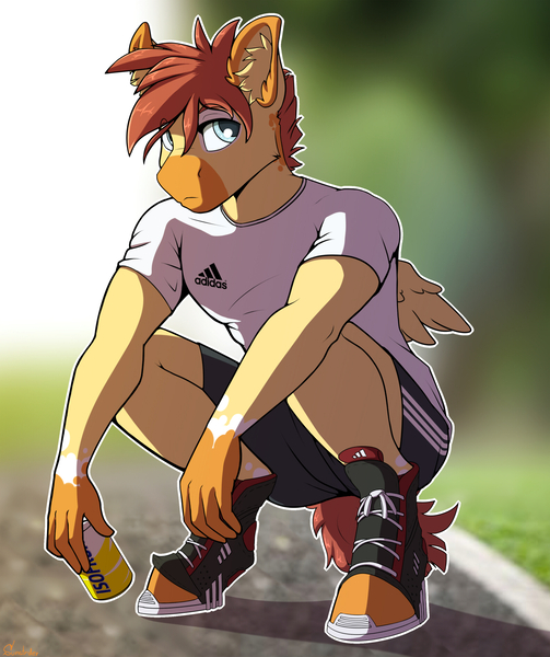 Size: 1578x1884 | Tagged: safe, artist:sunsrider, derpibooru import, oc, unofficial characters only, anthro, unguligrade anthro, adidas, can, clothes, ear fluff, looking at you, male, shirt, shoes, shorts, slav squat, sneakers, squatting, t-shirt