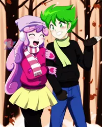Size: 800x1000 | Tagged: safe, artist:danmakuman, derpibooru import, spike, sweetie belle, human, anime, blushing, clothes, commission, female, gloves, humanized, leaves, male, scarf, shipping, spikebelle, straight, tree