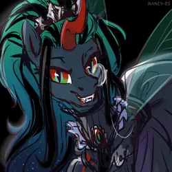 Size: 1500x1500 | Tagged: safe, artist:nancy-05, author:bigonionbean, derpibooru import, king sombra, nightmare moon, queen chrysalis, oc, oc:empress sacer malum, changeling, pony, unicorn, vampire, alicorn amulet, blood, commissioner:bigonionbean, crooked horn, curved horn, ethereal mane, fangs, female, fusion, fusion:empress sacer malum, horn, jewelry, looking at you, mare, monocle, multicolored eyes, not an alicorn, queen umbra, regalia, rule 63, smiling, wings