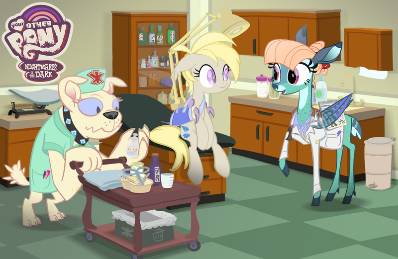 Size: 1280x834 | Tagged: safe, artist:keafonthelookinglass, derpibooru import, oc, oc:pom pom, oc:schandenfreude, bat pony, deer, deer pony, diamond dog, hybrid, original species, peryton, bandage, doctor, injured wing, neighflheim, nurse, sling, wings, your other pony