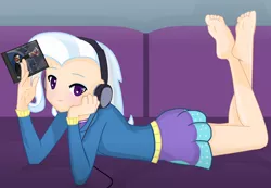 Size: 2010x1390 | Tagged: safe, artist:grapefruitface1, derpibooru import, trixie, equestria girls, anime, anime style, barefoot, blue oyster cult, blushing, cd, clothes, couch, feet, feet in the air, hand on cheek, headphones, hoodie, listening, listening to music, looking at you, lying down, soles, solo, the pose