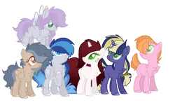 Size: 1280x768 | Tagged: safe, artist:paintsong, derpibooru import, oc, unofficial characters only, earth pony, pegasus, pony, unicorn, chest fluff, colored pupils, freckles, magical lesbian spawn, offspring, parent:applejack, parent:big macintosh, parent:cheerilee, parent:cheese sandwich, parent:chipcutter, parent:marble pie, parent:pinkie pie, parent:princess luna, parent:shining armor, parent:spitfire, parent:sweetie belle, parent:twilight sparkle, parents:cheerimac, parents:cheesepie, parents:marfire, parents:shiningluna, parents:sweetiecutter, parents:twijack, simple background, transparent background