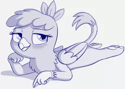 Size: 1796x1282 | Tagged: safe, artist:heretichesh, derpibooru import, gryphon, blushing, chickub, gail, looking at you, lying down, monochrome, paw pads, paws, prone, sketch, underpaw