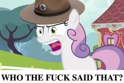 Size: 1648x1099 | Tagged: safe, derpibooru import, sweetie belle, pony, unicorn, angry, caption, drill sergeant, female, filly, full metal jacket, gunnery sergeant hartman, hat, meme, school, tree, vulgar, yelling