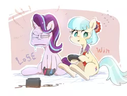 Size: 2589x1951 | Tagged: safe, artist:nendo, derpibooru import, coco pommel, starlight glimmer, earth pony, pony, unicorn, blushing, cocobetes, cute, duo, faic, gamer coco, nintendo switch, playing, squint, starlight glimmer is best facemaker, sweat