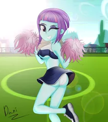 Size: 3000x3400 | Tagged: suggestive, artist:danielitamlp, derpibooru import, sunny flare, equestria girls, adorasexy, ass, big breasts, boobs and butt pose, breasts, busty sunny flare, butt, cheerleader, clothes, cute, eyeshadow, female, looking at you, looking back, looking back at you, makeup, one eye closed, panties, pom pom, raised leg, sexy, skirt, skirt lift, smiling, soccer field, solo, solo female, sunny flank, underboob, underwear, wink, winking at you