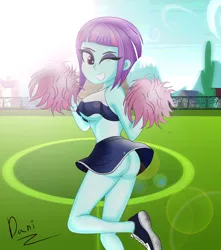 Size: 3000x3400 | Tagged: suggestive, alternate version, artist:danielitamlp, derpibooru import, sunny flare, equestria girls, ass, big breasts, boobs and butt pose, bottomless, breasts, busty sunny flare, butt, cheerleader, clothes, eyeshadow, female, looking at you, looking back, looking back at you, makeup, no panties, one eye closed, partial nudity, pom pom, raised leg, skirt, skirt lift, smiling, soccer field, solo, solo female, sunny flank, underboob, wink, winking at you