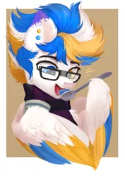 Size: 1527x2160 | Tagged: safe, artist:sofiko-ko, derpibooru import, oc, oc:alan techard, unofficial characters only, pegasus, pony, colored wings, commission, ear piercing, earring, eating, glasses, heterochromia, jewelry, multicolored wings, open mouth, piercing, solo, wings