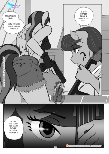 Size: 1200x1697 | Tagged: safe, artist:pia-sama, derpibooru import, octavia melody, rainbow dash, anthro, earth pony, pegasus, comic:rogue diamond, bow (instrument), cello, cello bow, comic, death threat, female, fishnets, gun, image, imminent violence, monochrome, musical instrument, png, threat, weapon