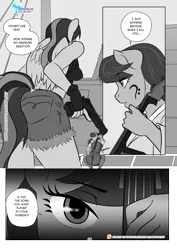 Size: 1200x1697 | Tagged: safe, artist:pia-sama, derpibooru import, octavia melody, rainbow dash, anthro, earth pony, pegasus, comic:rogue diamond, bow (instrument), cello, cello bow, comic, death threat, female, fishnets, gun, image, imminent violence, monochrome, musical instrument, png, threat, weapon