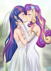 Size: 1474x2048 | Tagged: source needed, suggestive, artist:thebrokencog, derpibooru import, princess cadance, twilight sparkle, human, equestria girls, breasts, busty princess cadance, busty twilight sparkle, clothes, commission, dean cadance, dress, eyes closed, fanfic art, female, females only, humanized, jewelry, kissing, lesbian, marriage, ring, shipping, twidance, wedding, wedding dress, wedding ring, wedding veil