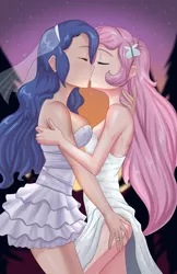 Size: 1327x2048 | Tagged: 2 handfuls of dat ass, artist:thebrokencog, beautisexy, breasts, busty fluttershy, busty princess luna, clothes, commission, derpibooru import, dress, fanfic art, female, females only, fluttershy, human, humanized, jewelry, kissing, lesbian, lunashy, marriage, princess luna, ring, schrödinger's pantsu, shipping, source needed, suggestive, sunset, wedding, wedding dress, wedding ring, wedding veil