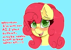 Size: 2884x2052 | Tagged: safe, artist:nozukznsfw, derpibooru import, strawberry sunrise, earth pony, pony, blushing, cute, dialogue, female, high res, implied applerise, implied shipping, open mouth, simple background, solo, strawwberry sunrise