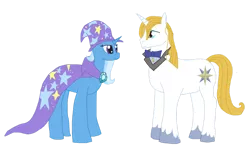 Size: 1280x774 | Tagged: safe, artist:mlp-headstrong, derpibooru import, prince blueblood, trixie, bluetrix, cape, clothes, female, hat, male, shipping, simple background, straight, transparent background, trixie's cape, trixie's hat