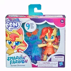 Size: 900x900 | Tagged: safe, derpibooru import, official, sunset shimmer, semi-anthro, unicorn, my little pony: pony life, boots, bow, clothes, doll, dress, female, figure, it happened, merchandise, my little pony logo, pony history, shoes, smashin' fashion, smiling, solo, sunglasses, toy, toy packaging