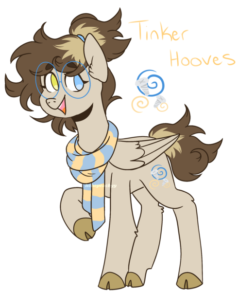 Size: 1280x1567 | Tagged: safe, artist:hehepeachyy, derpibooru import, oc, oc:tinker hooves, unofficial characters only, pegasus, pony, clothes, cloven hooves, female, glasses, heterochromia, mare, offspring, parent:derpy hooves, parent:doctor whooves, parents:doctorderpy, scarf, simple background, solo, transparent background