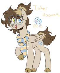 Size: 1280x1567 | Tagged: safe, artist:hehepeachyy, derpibooru import, oc, oc:tinker hooves, unofficial characters only, pegasus, pony, clothes, cloven hooves, female, glasses, heterochromia, mare, offspring, parent:derpy hooves, parent:doctor whooves, parents:doctorderpy, scarf, simple background, solo, transparent background