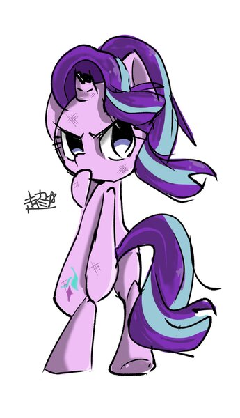 Size: 1080x1880 | Tagged: safe, artist:pnpn_721, derpibooru import, starlight glimmer, pony, unicorn, bipedal, broken horn, horn, looking back, solo, wind, windswept mane