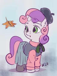Size: 868x1153 | Tagged: safe, artist:drafthoof, derpibooru import, sweetie belle, pony, unicorn, autumn, beatnik, clothes, cute, diasweetes, female, filly, leaf, open mouth, simple background, skirt