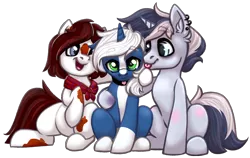 Size: 4561x2889 | Tagged: safe, artist:madcloudlet, derpibooru import, oc, oc:bronyast, oc:passi, unofficial characters only, earth pony, pony, unicorn, derpibooru community collaboration, 2021 community collab, choker, digital art, glasses, hug, piercing, simple background, sitting, transparent background, trio male