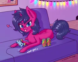 Size: 1600x1280 | Tagged: safe, artist:dsp2003, derpibooru import, oc, oc:fizzy pop, unofficial characters only, pony, unicorn, :p, bedroom eyes, blushing, christmas, christmas lights, controller, couch, female, gift art, heart, holiday, looking at you, mare, mouse hole, painting, slurm, tongue out