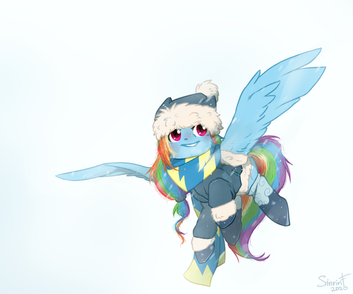 Size: 2976x2480 | Tagged: safe, artist:flysouldragon, artist:sinrinf, derpibooru import, rainbow dash, pegasus, pony, clothes, flying, hat, scarf, smiling, snow, socks, solo