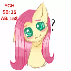 Size: 1600x1599 | Tagged: safe, artist:vaiola, derpibooru import, fluttershy, pegasus, pony, auction, auction open, big eyes, blushing, bust, commission, cute, female, head tilt, long hair, looking at you, mare, one ear down, portrait, simple background, smiling, solo, white background, ych sketch, your character here